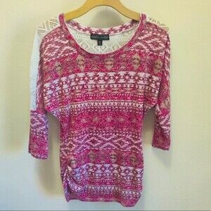 Almost Famous 3/4 Drop Shoulder Sleeve White Lace Shoulders Ruched Side Sz Large